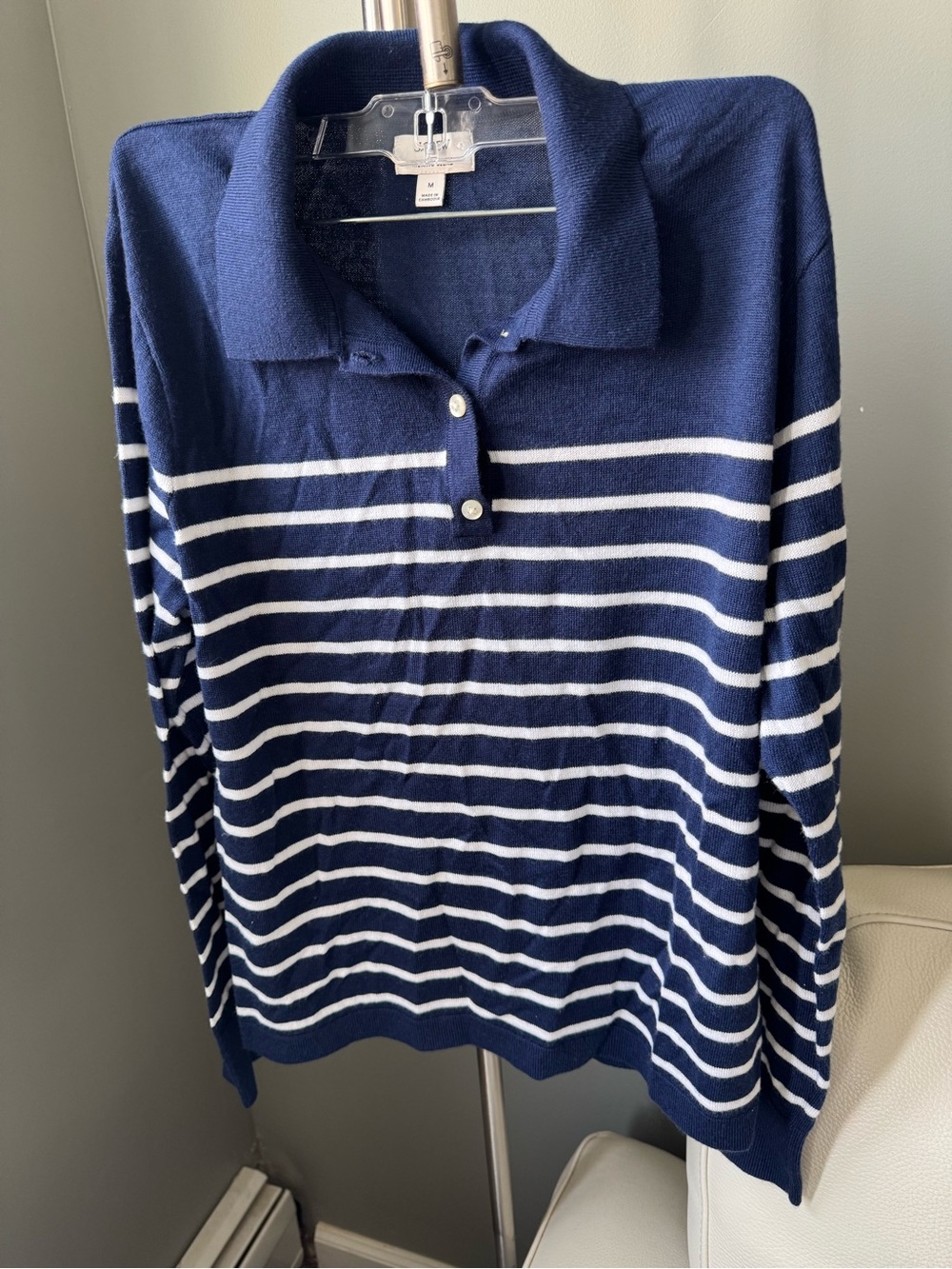 J. Crew Navy and White Striped V-Neck Polo Sweater